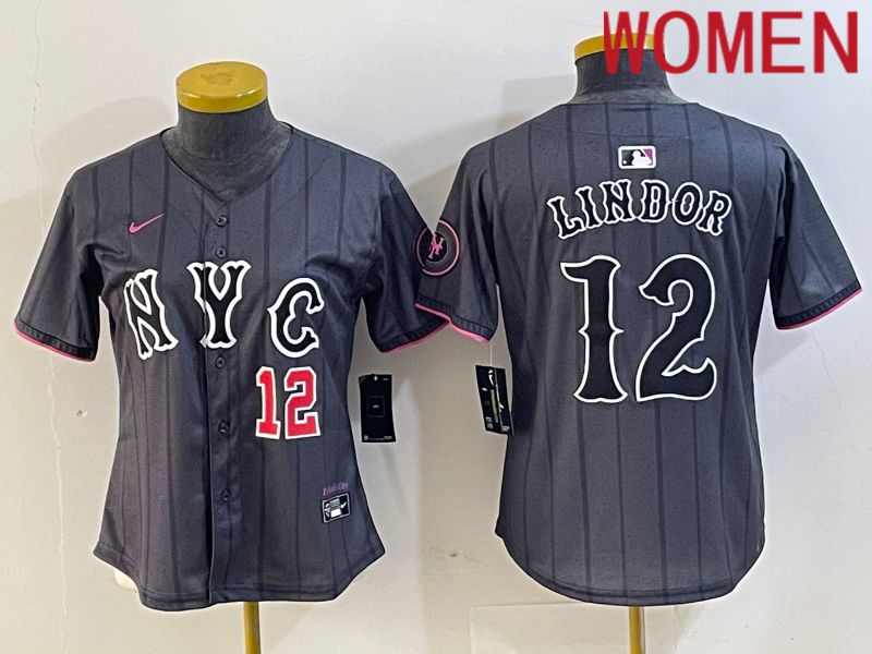Women New York Mets #12 Lindor Black City Edition 2024 Nike MLB Jersey style 4->youth mlb jersey->Youth Jersey